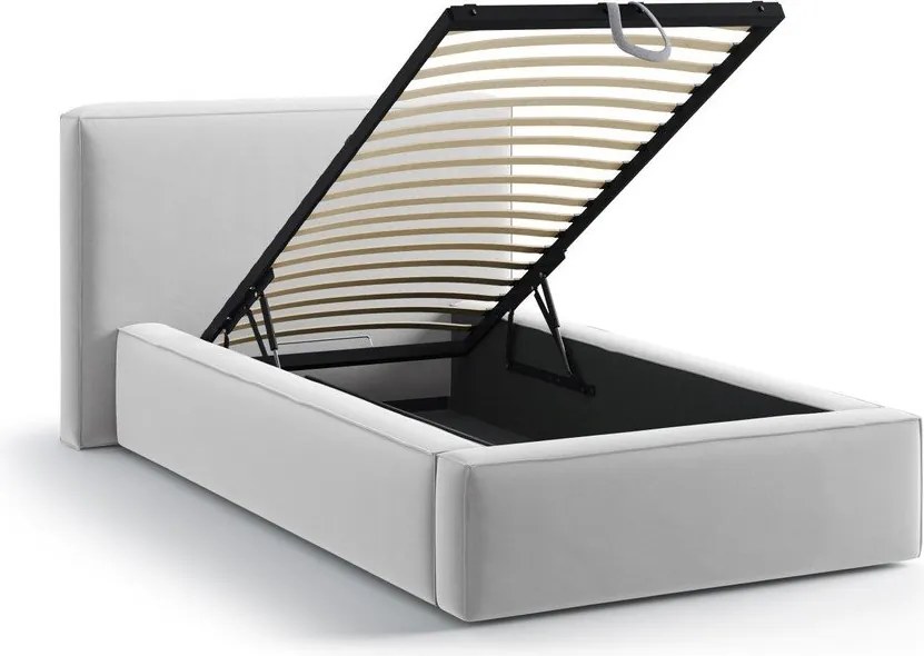 Pat argintiu tapițat cu spațiu de depozitare cu somieră 90x200 cm Jodie – Micadoni