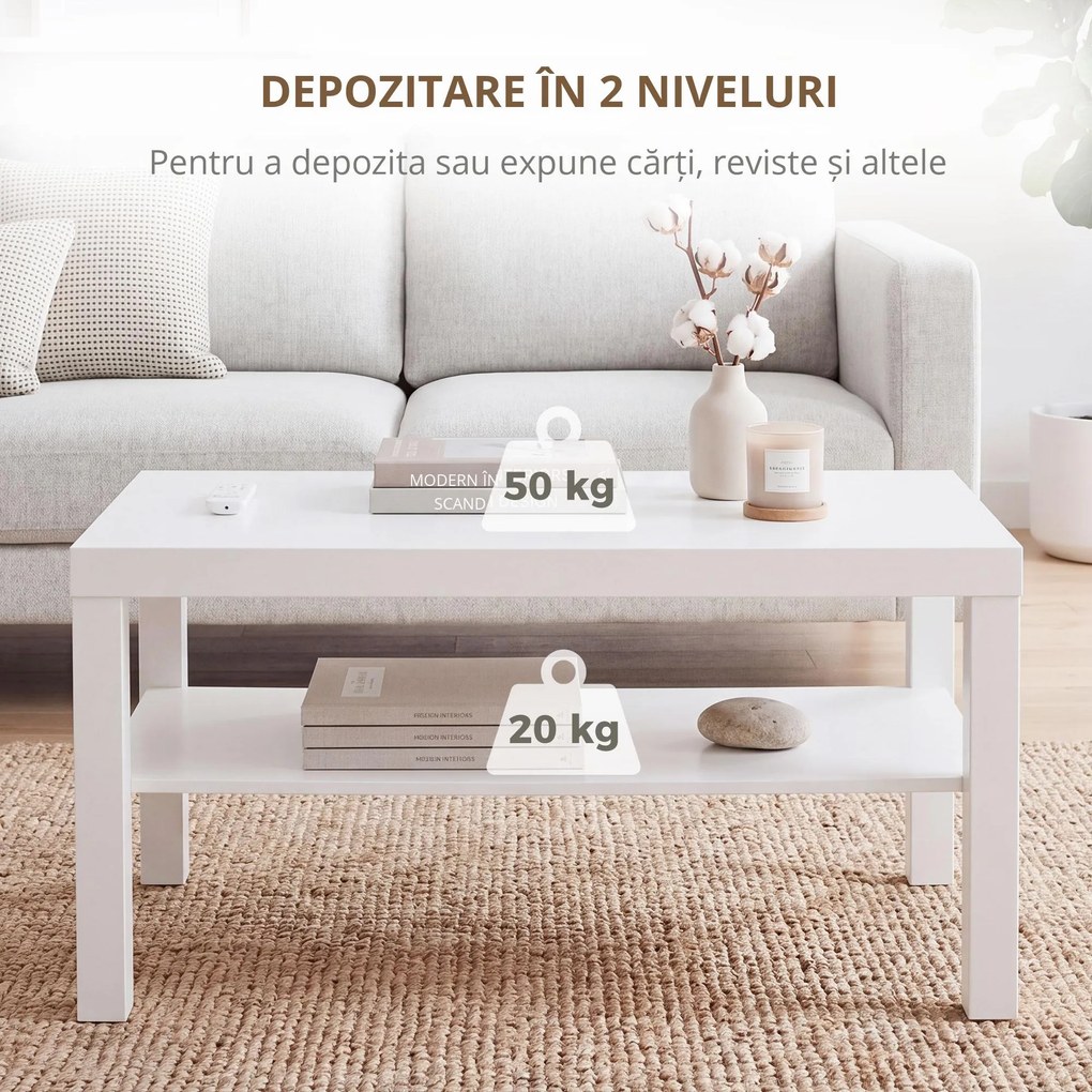 HOMCOM Măsuță de living dreptunghiulară cu poliță mare, 90 x 45 x 44,5 cm, alb | Aosom Romania