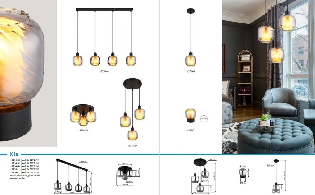 Lustra cu 4 pendule sticla fumurie XIA pentru bucatarie