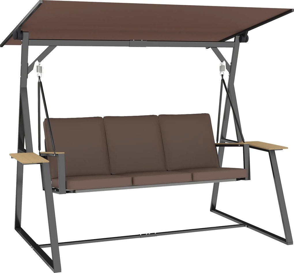 Outsunny Balansoar de Grădină cu 3 Locuri și Acoperiș Reglabil, Balansoar de Exterior din Metal cu Tăvi pentru Băuturi, Perne Imbătute, Capacitate 360kg, pentru Terasă sau Balcon, 222x131x175 cm, Maro | Aosom Romania