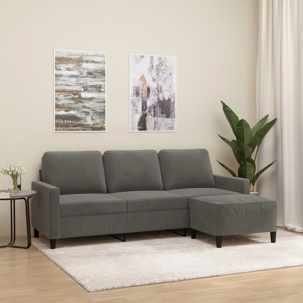 3153394 vidaXL Canapea cu 3 locuri și taburet, gri închis, 180 cm, catifea