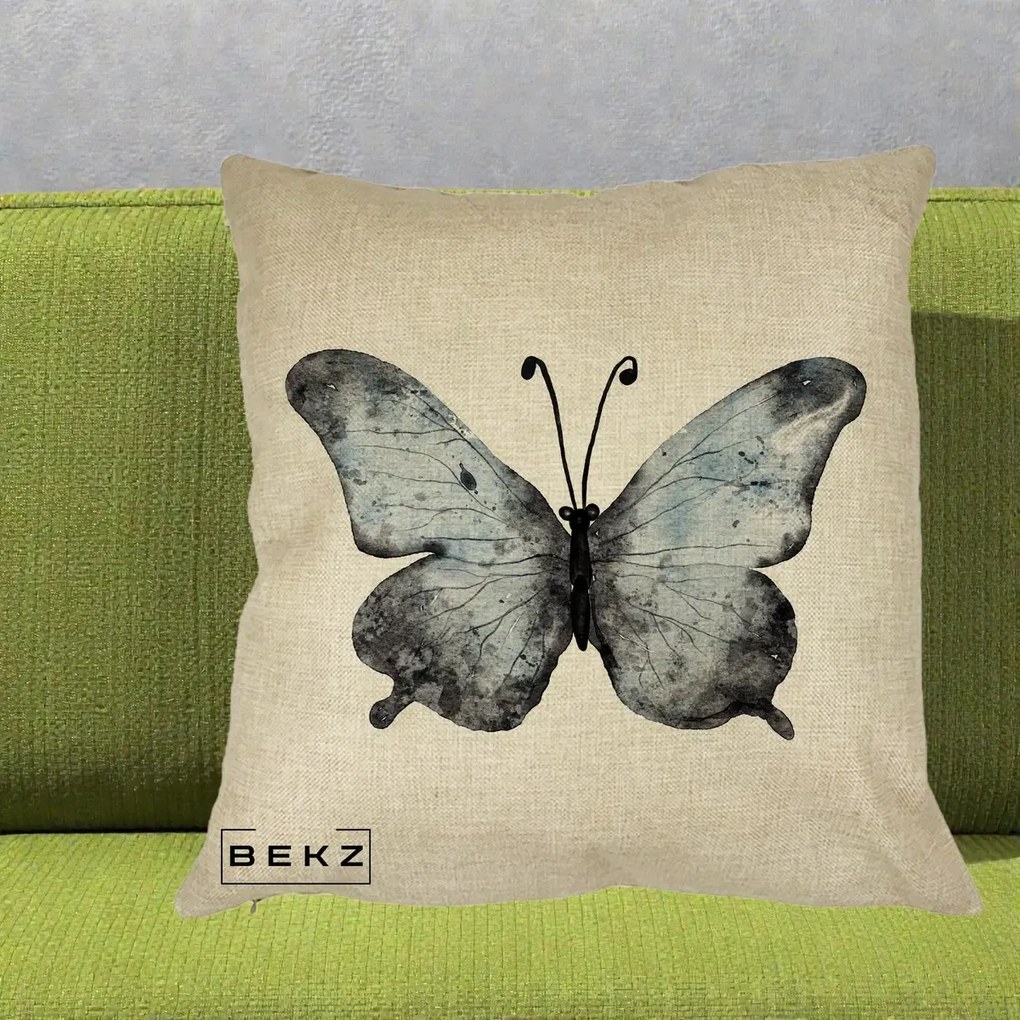 Perna Decorativa Fluture Acuarela Albastru-Gri, 40x40 cm, Crem, Husa Detasabila, Perna Inclusa, BEKZ®