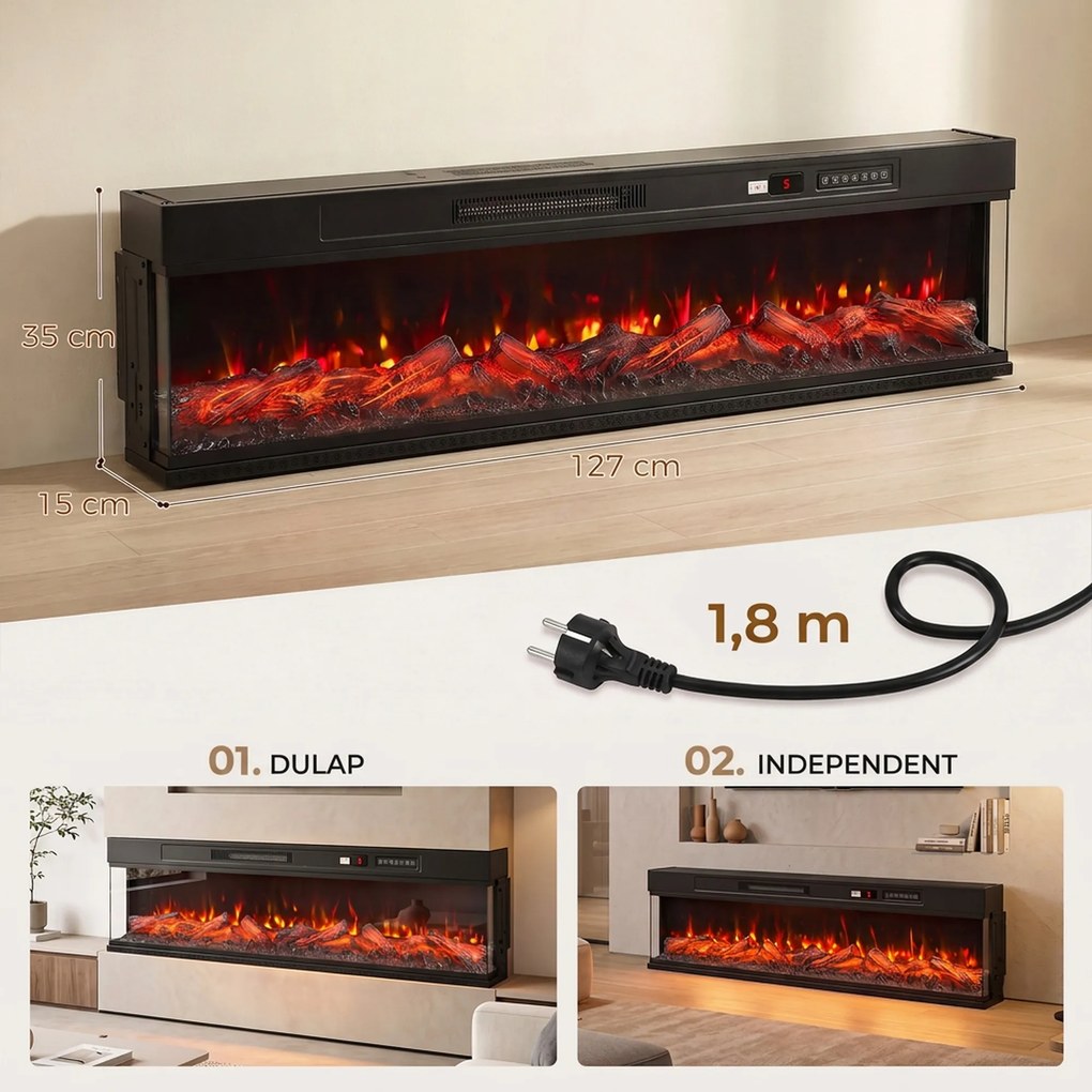 HOMCOM Șemineu electric de podea/încorporabil, pe 3 laturi, cu telecomandă, 750/1500 W, efect flacără 3D, 12 culori, 5 niveluri de luminozitate | Aosom Romania