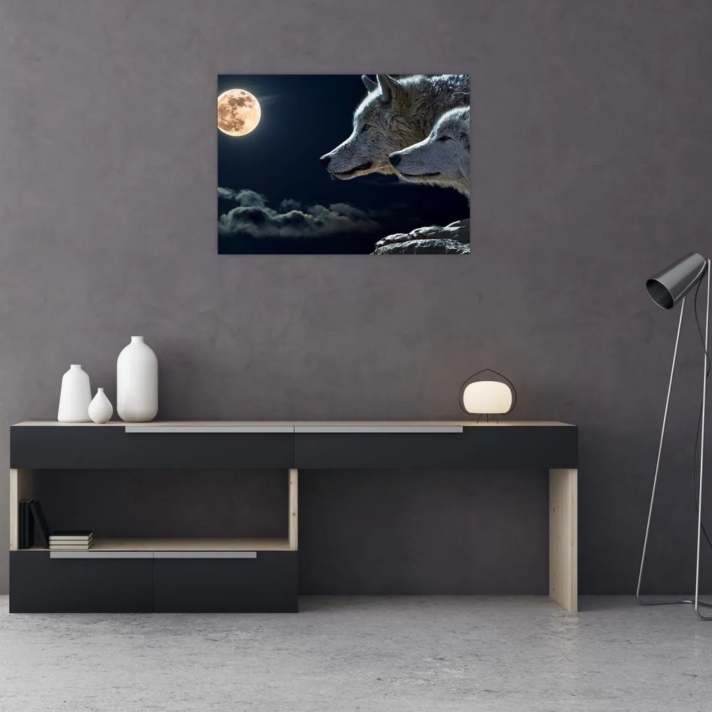 Tablou pe sticlă cu lupi în lună (70x50 cm)