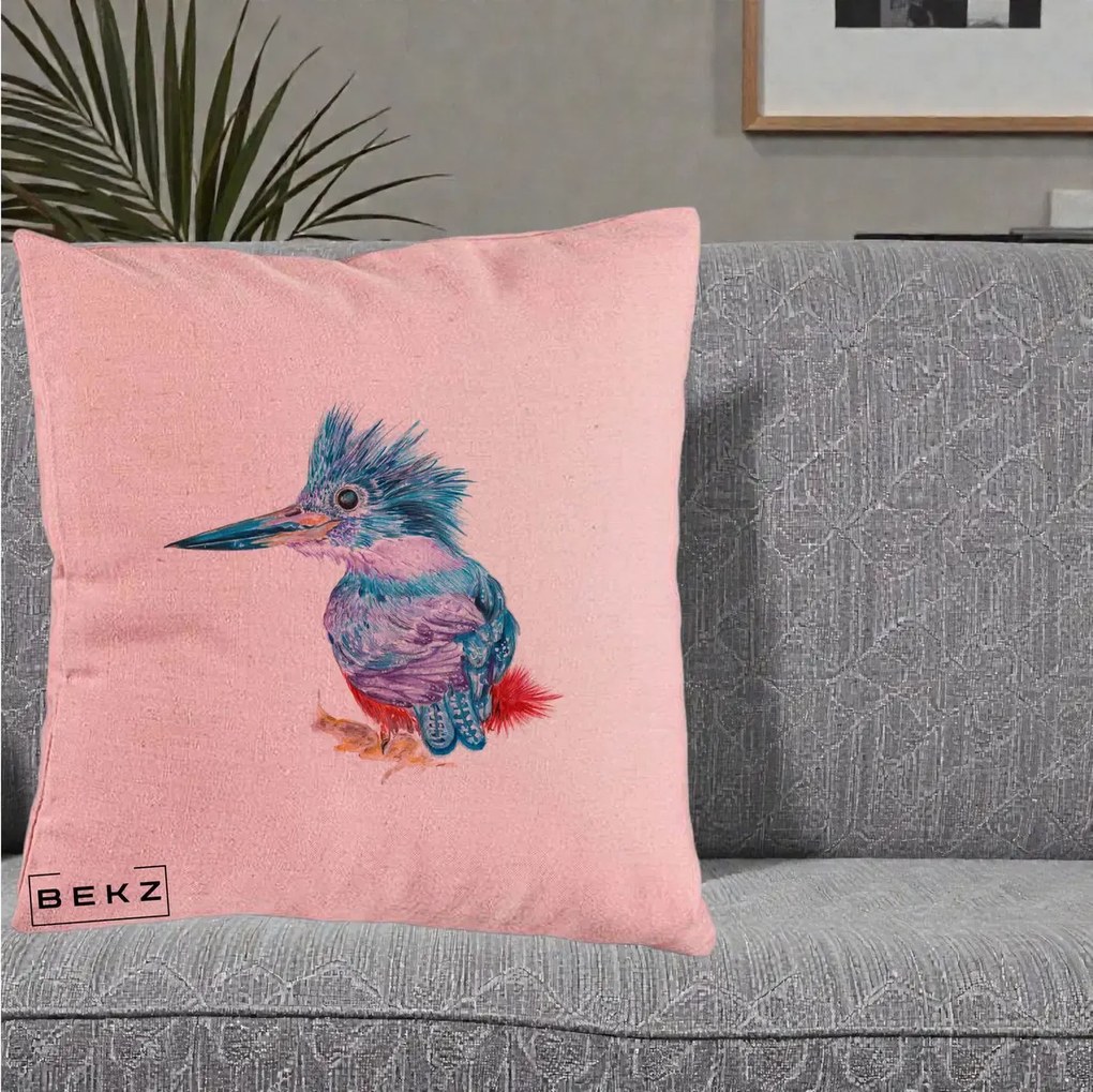 Perna Decorativa Pasare Martin Pescar Acuarela Albastru-Mov, 40x40 cm, Roz, Husa Detasabila, Perna Inclusa, BEKZ®