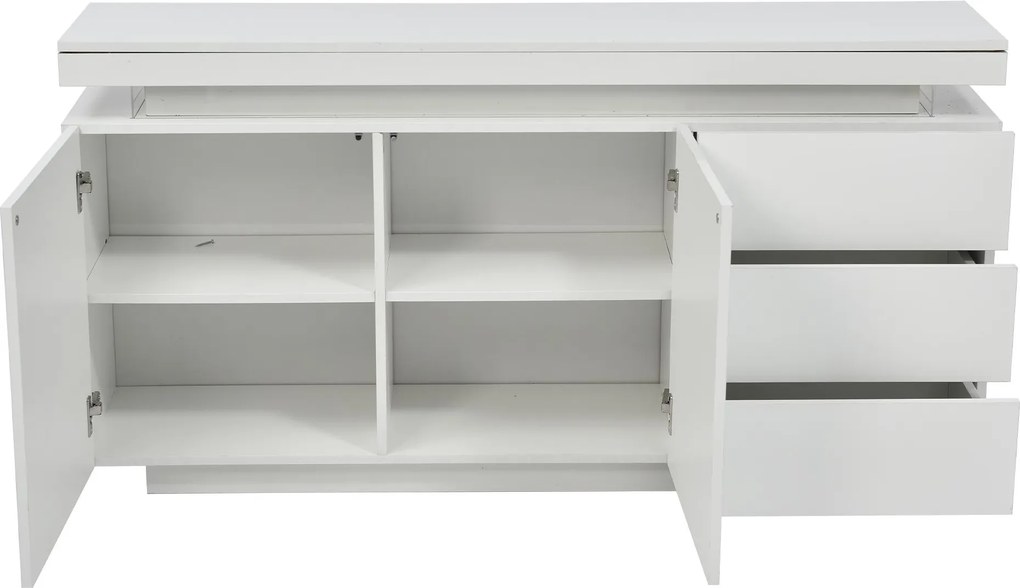 Comodă modernă cu finisaj lucios, fronturi fără mânere, 2 uși și 3 sertare, 140x35x72,5 cm, Alb