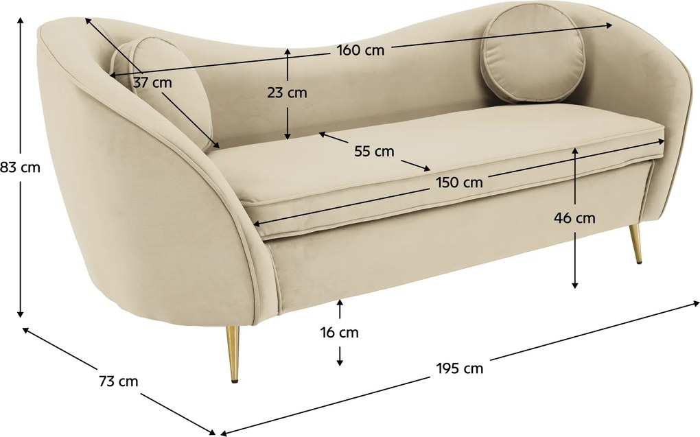 Canapea cu 3 locuri de design, ţesătură Velvet bejgold crom auriu, EZIO TYP 3