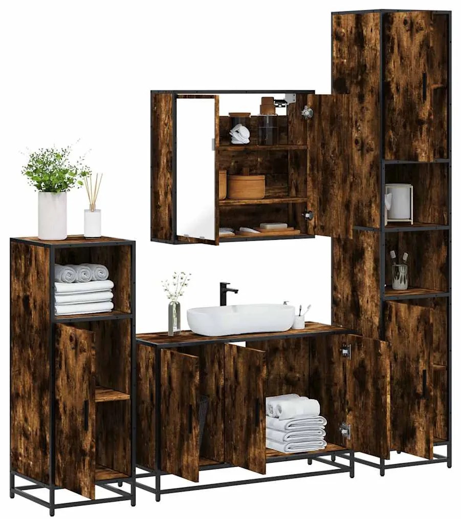 vidaXL Set de mobilier de baie 4 piese Lemn prelucrat de stejar afumat