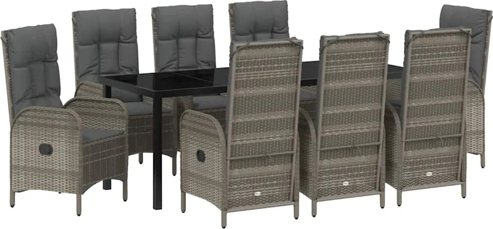 vidaXL Set de masă pentru grădină cu pernă 9 pcs Gri poliratan