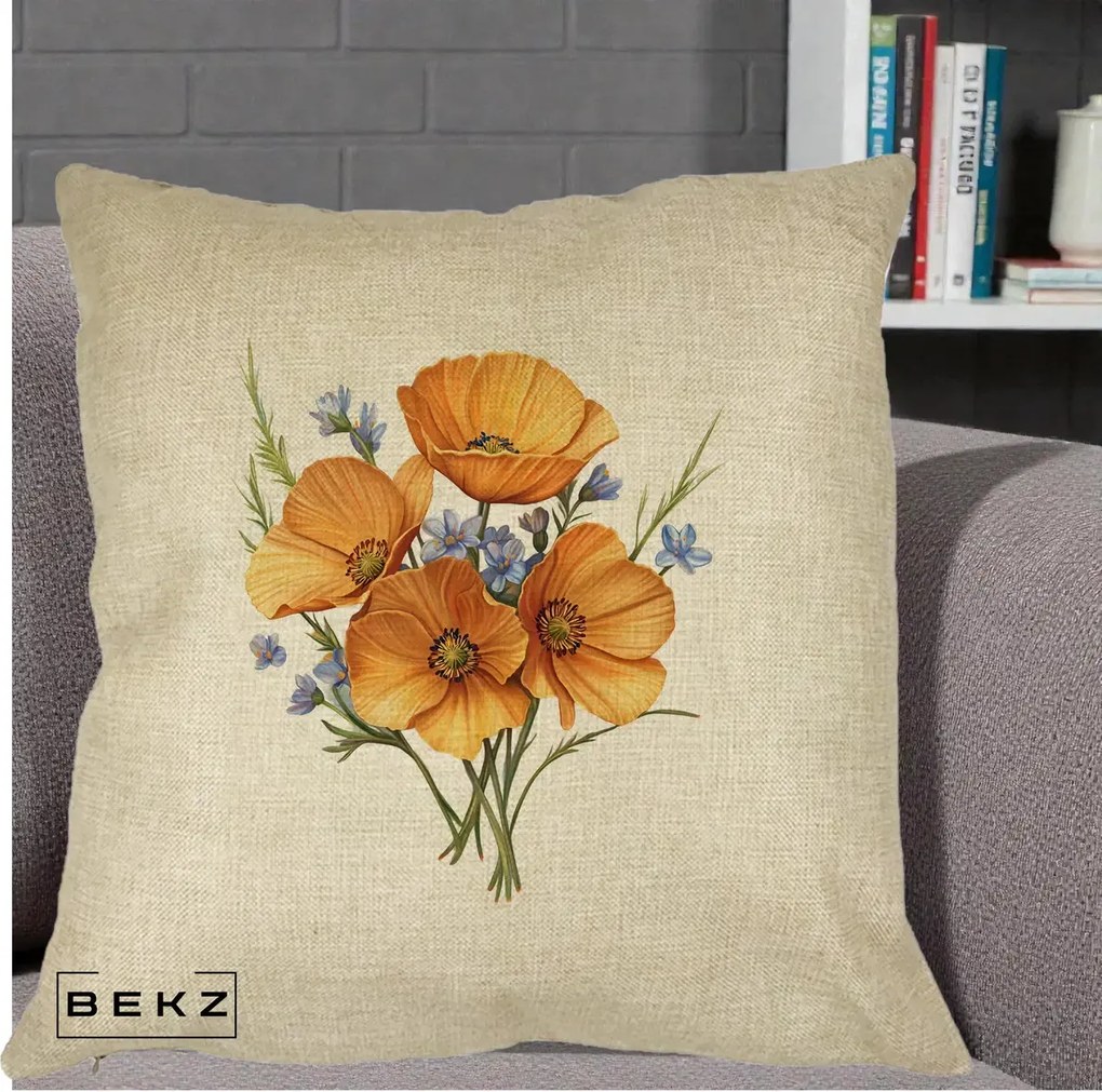 Perna Decorativa Maci Portocalii cu Floricele Albastre, 40x40 cm, Crem, Husa Detasabila, Perna Inclusa, BEKZ®