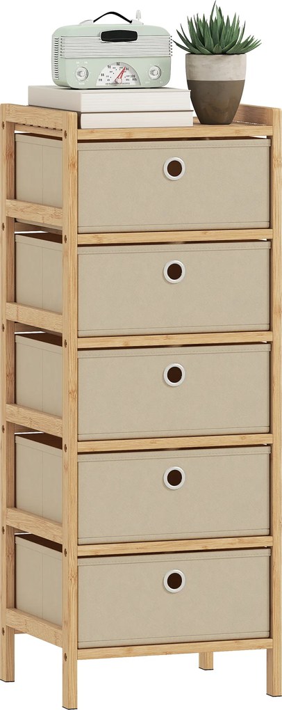 HOMCOM Comodă cu 5 sertare din material textil Cadru din bambus Comodă pentru spații mici Crem și natural | Aosom Romania