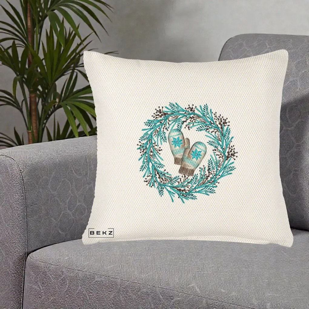 Perna Decorativa Coroana Turcoaz cu Manusi, 40x40 cm, Crem Reliefat, Husa Detasabila, Perna Inclusa, BEKZ®