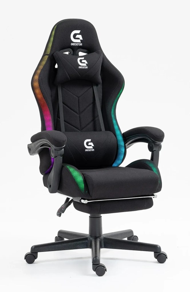 RESIGILAT- Scaun gaming cu masaj în perna lombară, sistem iluminare bandă LED RGB, suport picioare, material textil, Negru