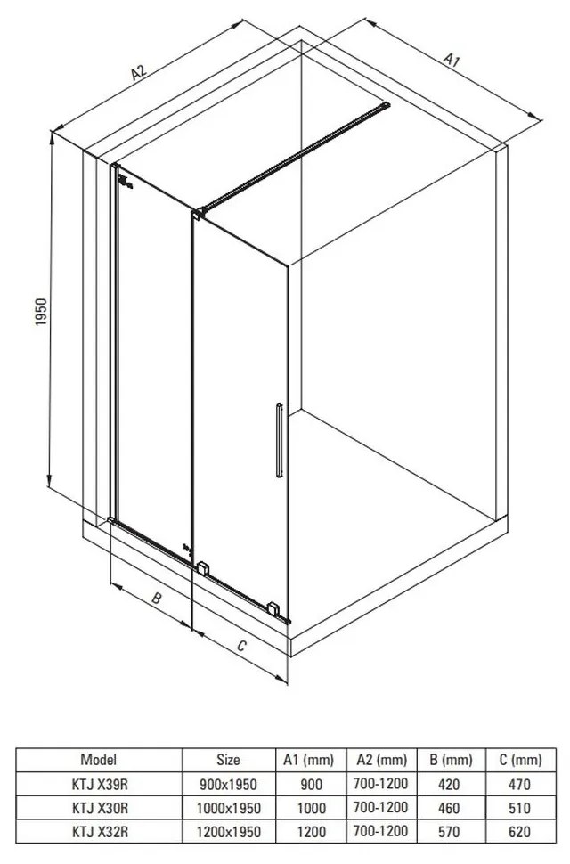 Set paravan dus walk-in 120x195 cm, rigola si coloana de dus negru mat Anemon