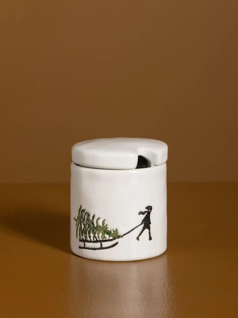 Zahărniță din ceramică albă cu motive de iarnă pictate manual, 7 × 6,5 cm, „Slalom"