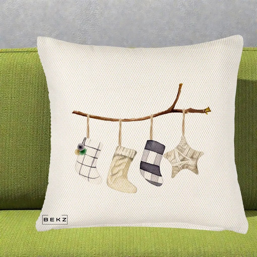 Perna Decorativa Ciorapi de Craciun pe Ramura, 40x40 cm, Crem Reliefat, Husa Detasabila, Perna Inclusa, BEKZ®