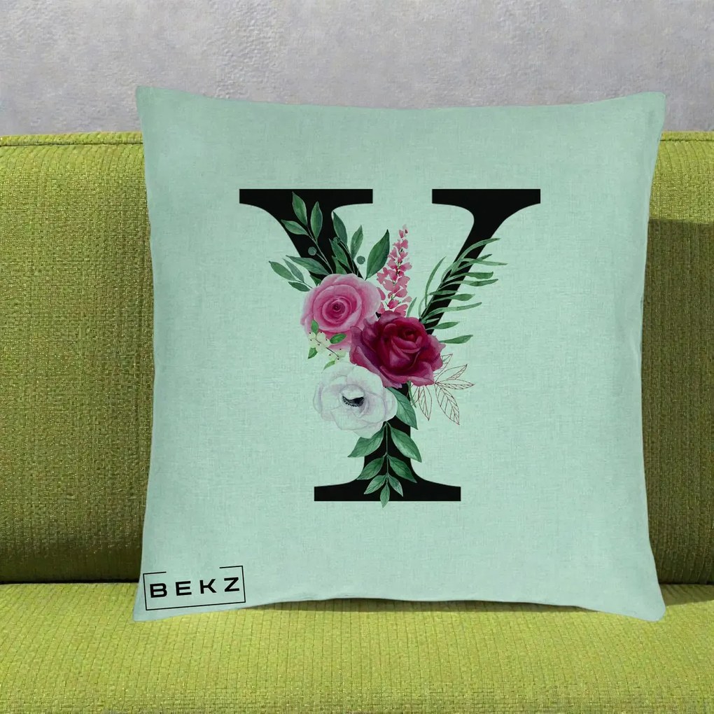 Cadou Personalizat - Perna Personalizata Monograma Florala Litera Y cu Buchet, 40x40 cm, Verde Menta, Husa Detasabila, Perna Inclusa, BEKZ®