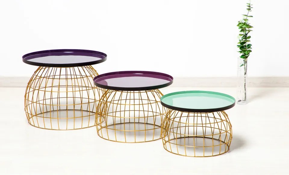 Set 3 masute de cafea rotunde din metal Laudatio 50x50x42 cm mov/lila/verde deschis
