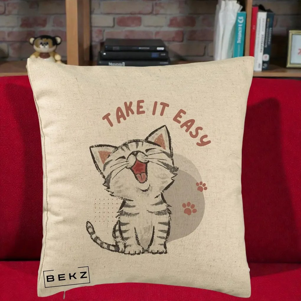 Perna Personalizata Take It Easy Cat, 40x40 cm, Bej, Husa Detasabila, Perna Inclusa, BEKZ®