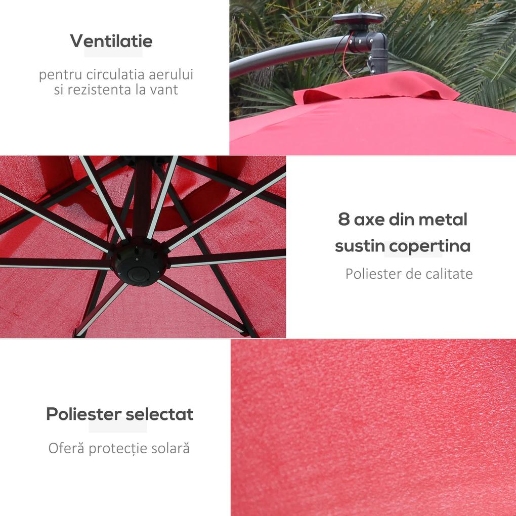 Outsunny Umbrelă de Grădină Roșu Închis cu Manivelă și Iluminat LED Solar, Rezistentă la Apă și UV, Φ295x245cm | Aosom Romania