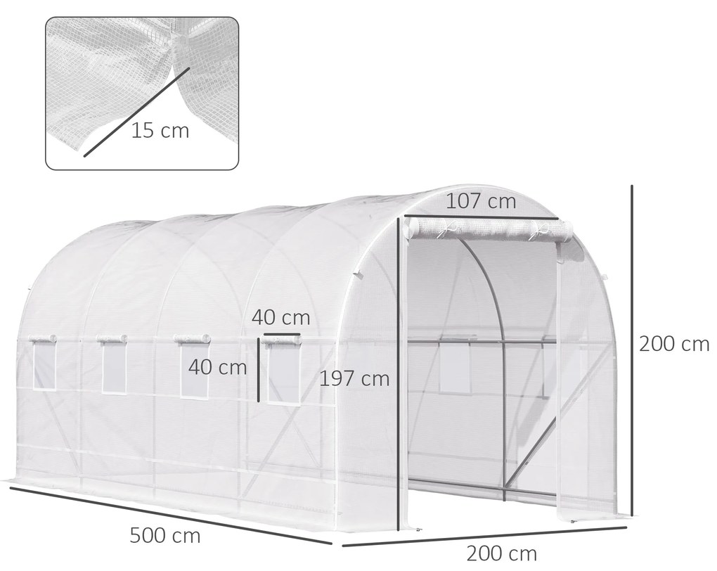 Outsunny Sera tunel cu 8 ferestre si usa rulanta, sera de gradina tunel pentru plante, 5x2x2m, alb | Aosom Romania