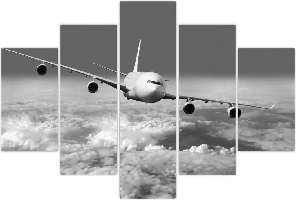 Tablou - Avion în nori, alb și negru (150x105 cm)