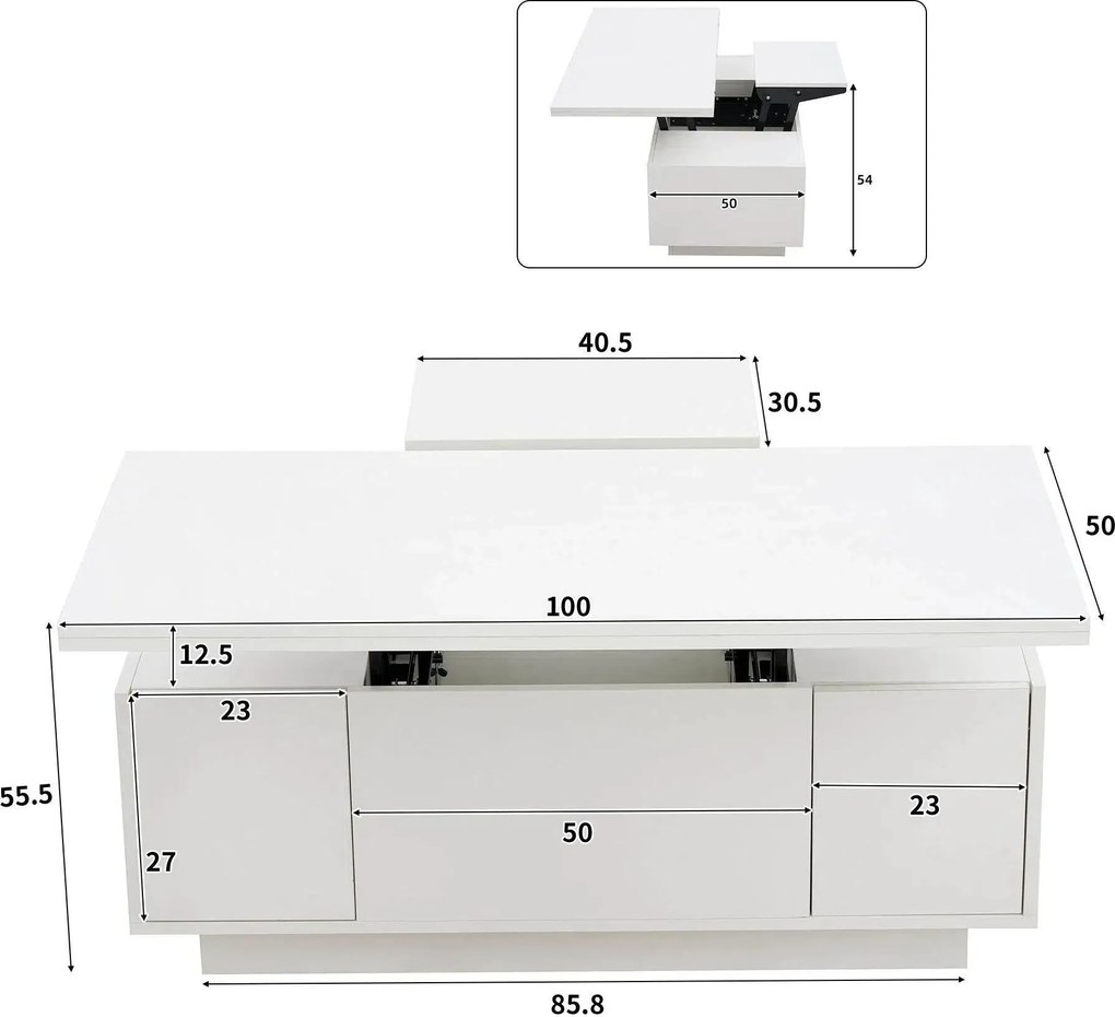 Masă de cafea modernă, multifuncțională, cu mecanism dublu de ridicare și spațiu de depozitare ascuns, 100×50×43 cm, Alb