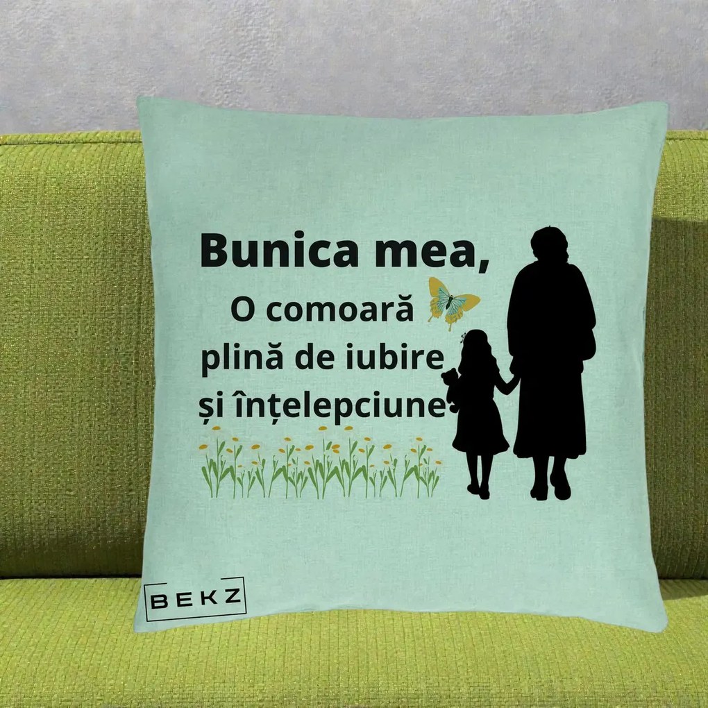 Cadou pentru Bunica - Perna Personalizata Bunica Mea Comoara Iubire Intelepciune Varianta Extinsa, 40x40 cm, Verde Menta, Husa Detasabila, Perna Inclusa, BEKZ®
