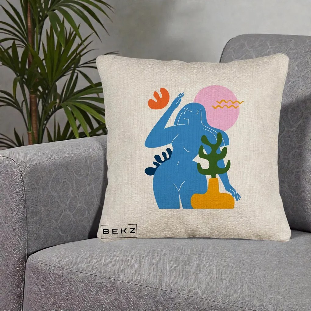 Perna Decorativa Femeie Albastra Cactus, 40x40 cm, Bej Canapea, Husa Detasabila, Perna Inclusa, BEKZ®