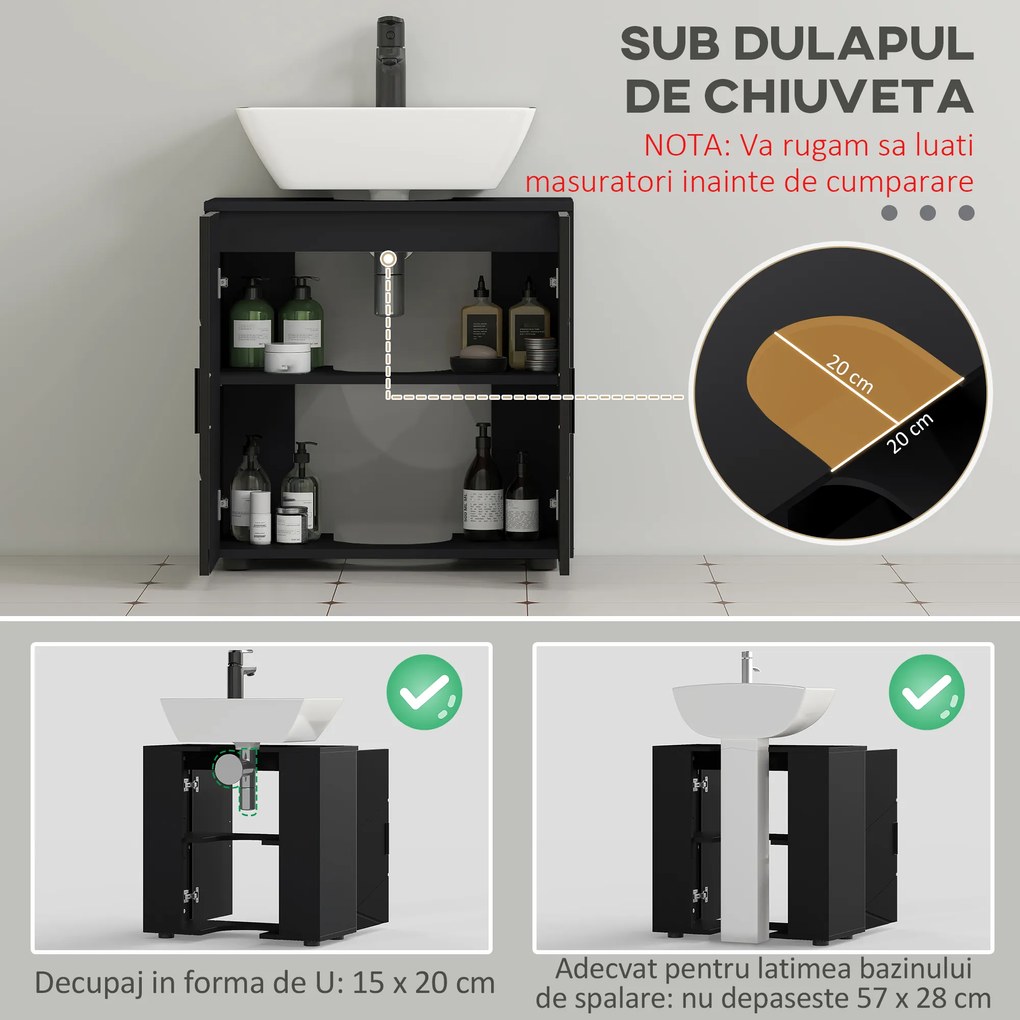 Kleankin Dulap pentru chiuveta de baie cu 2 usi, dulap pentru chiuveta cu piedestal din lemn cu raft reglabil, negru | Aosom Romania
