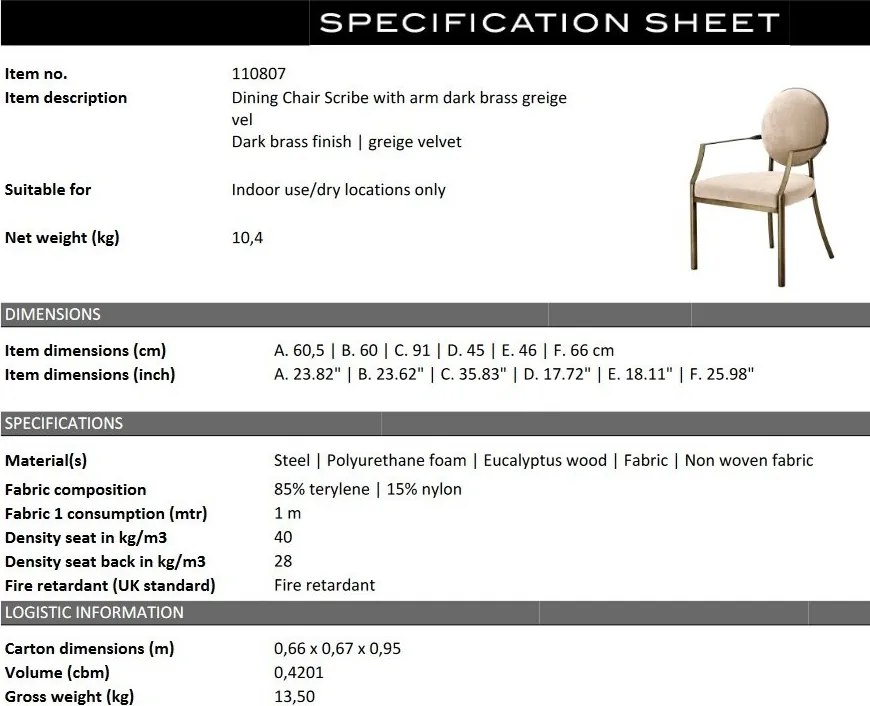 Scaun cu brate elegant, tapitat cu catifea, LUX Scribe 110807 HZ