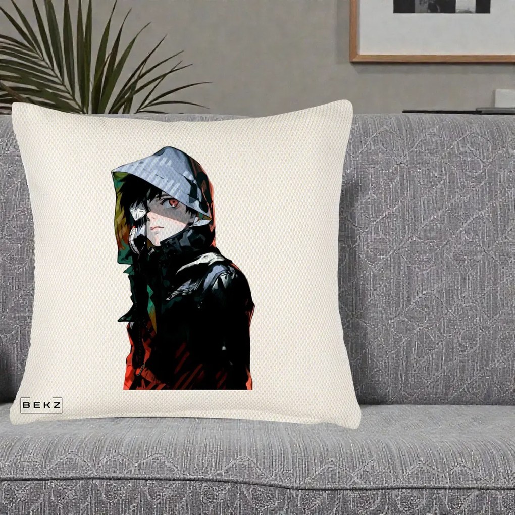 Perna Personalizata Tokyo Ghoul Ken Kaneki cu Masca si Gluga, 40x40 cm, Crem Reliefat, Husa Detasabila, Perna Inclusa, BEKZ®