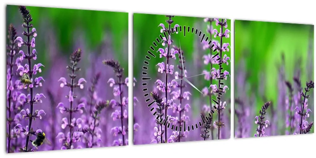 Tablou cu flori de luncă violete (cu ceas) (90x30 cm)