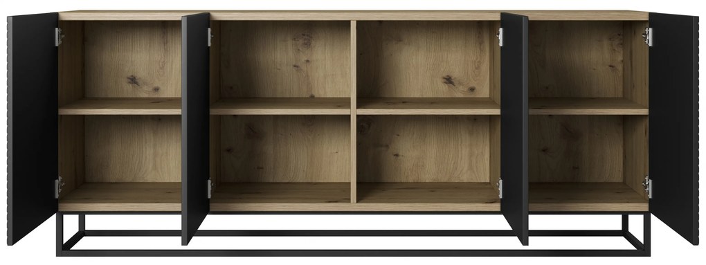 Comodă Asha 200 cm cu 4 uși - artisan / negru mat / cadru negru