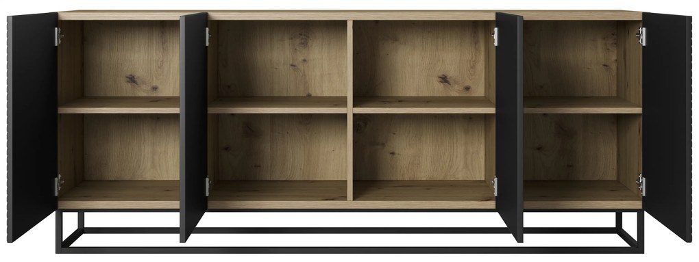 Comodă Asha 200 cm cu patru uși - artisan / negru mat / cadru negru
