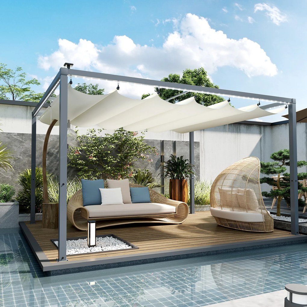 Outsunny Pergolă cu Lumini LED și 12 Orificii de Drenaj, 400x300x230 cm, Alb Crem | Aosom Romania