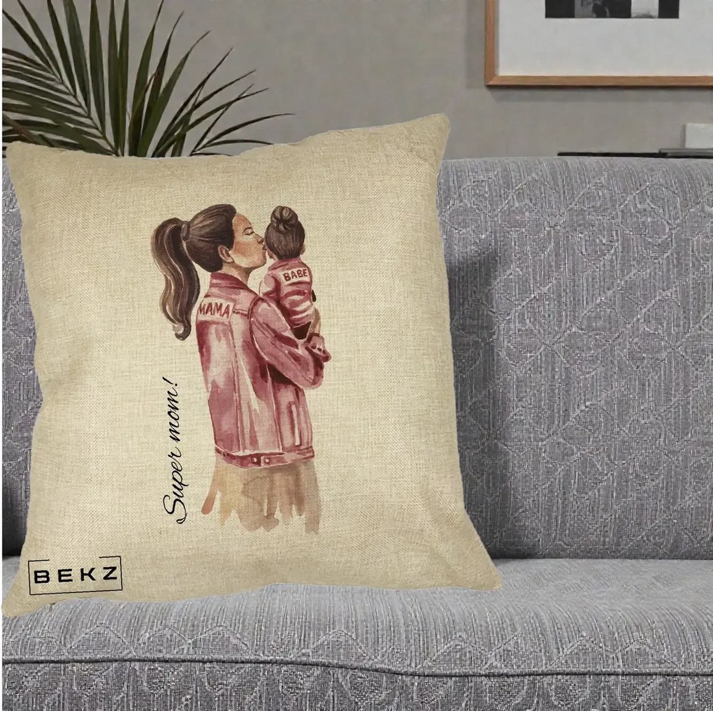 Cadou pentru Mama - Perna Personalizata Super Mom Jachete Roz, 40x40 cm, Crem, Husa Detasabila, Perna Inclusa, BEKZ®