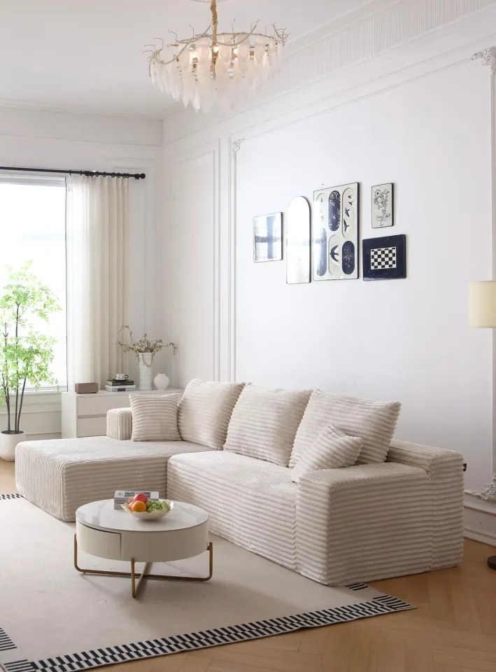 Canapea Colțar Premium Memory Foam HD 270x170x70 cm | Material Plusat Reiat cu Dungi Groase (Culoare: Negru)