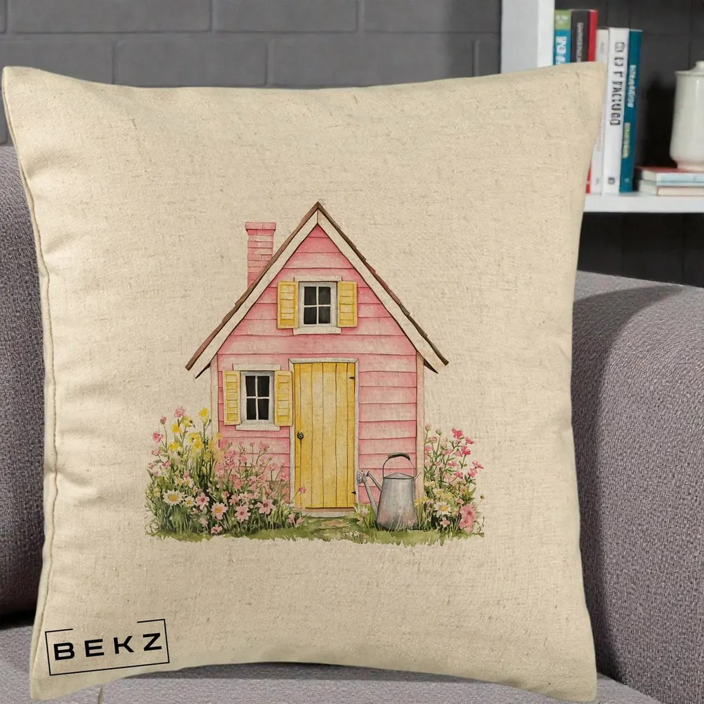 Perna Decorativa Casuta Roz Acuarela cu Gradina, 40x40 cm, Bej, Husa Detasabila, Perna Inclusa, BEKZ®