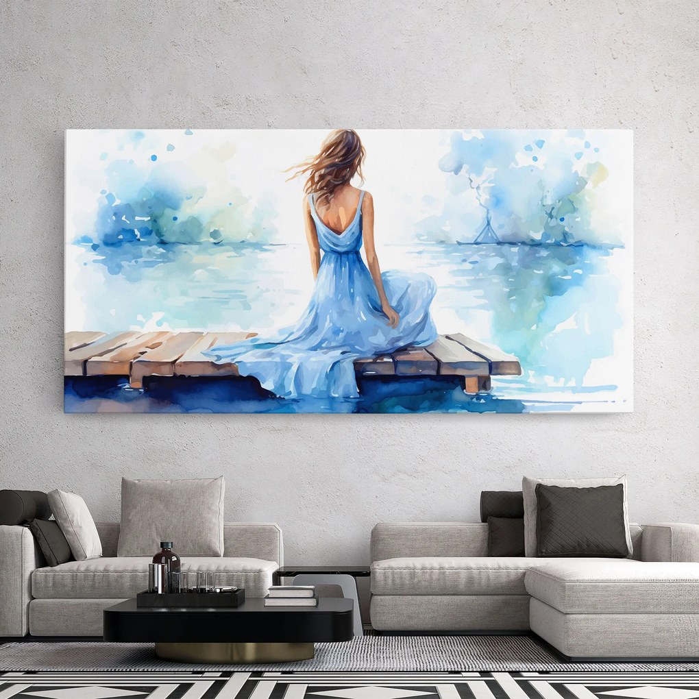 Tablou Canvas, 100x200cm, Dormitor si Living, Moderne, Textura de pictura, Lake Blue Woman