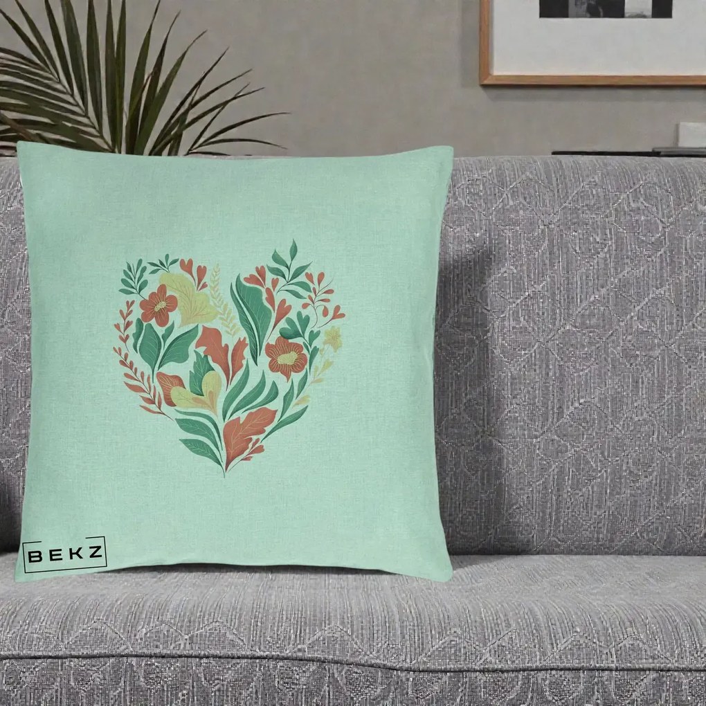 Perna Decorativa Inima Florala Botanica, 40x40 cm, Verde Menta, Husa Detasabila, Perna Inclusa, BEKZ®