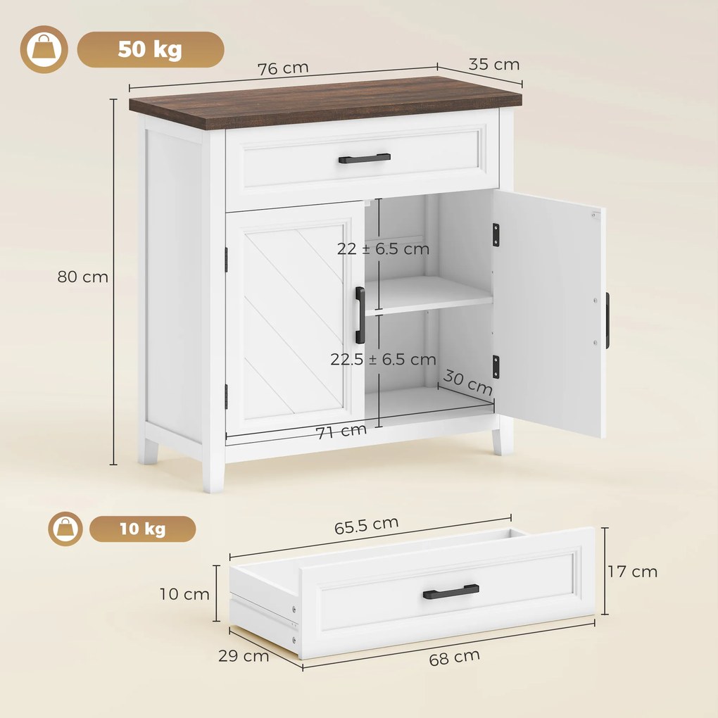 HOMCOM Bufet pentru living, mobilier de depozitare cu 2 uși, sertar și raft reglabil, 76 x 35 x 80 cm, alb | Aosom Romania