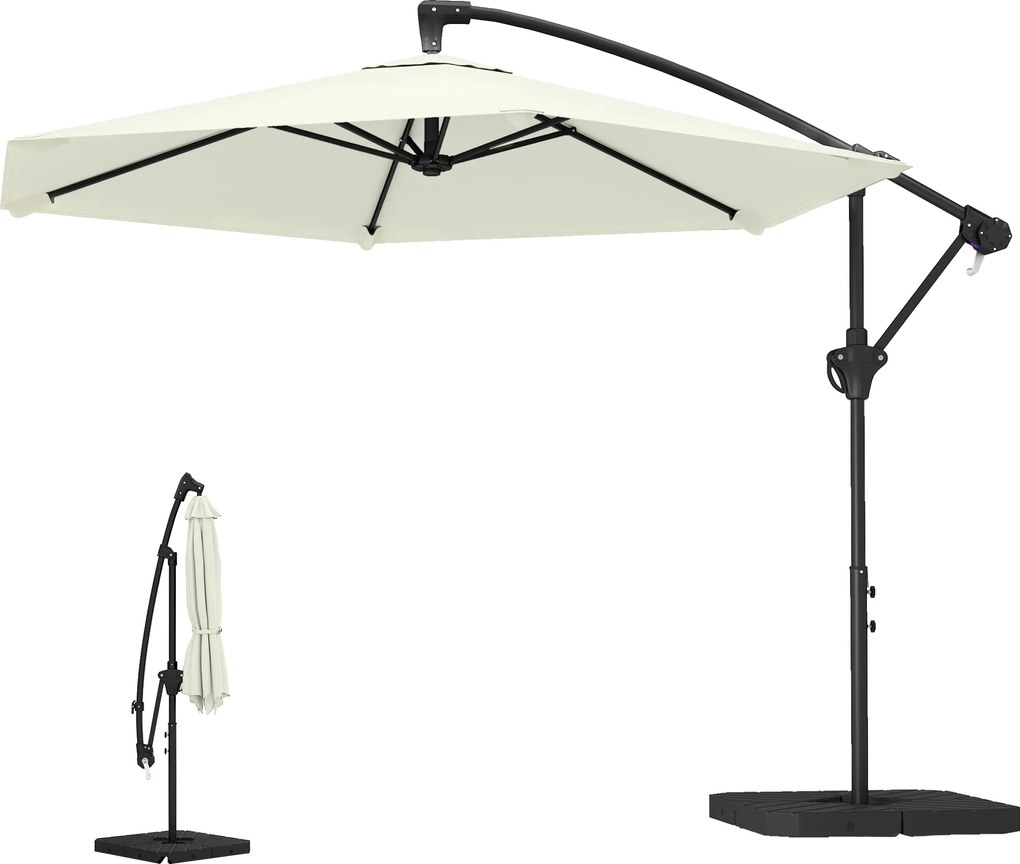 Outsunny Umbrelă cantilever 3 m cu bază încrucișată și plăci de greutate, umbrelă de grădină exterioară cu manivelă, crem | Aosom Romania