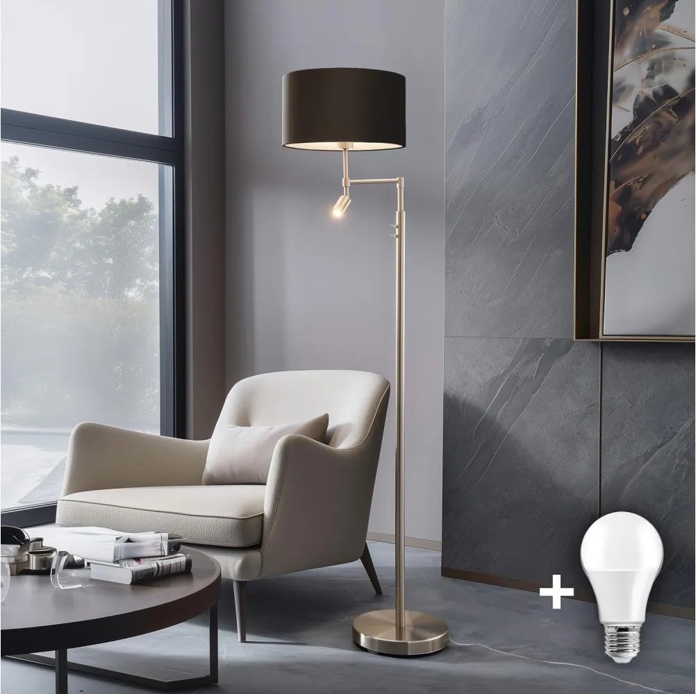 Eglo TUNJA - lampă LED de podea, 1xE27/60W/230V + LED/2,1W, Ø 38 cm, crom/maro