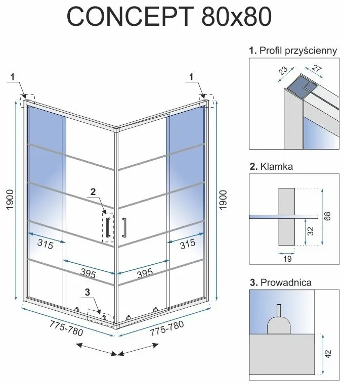 Cabina dus Concept negru – 80x80 cm