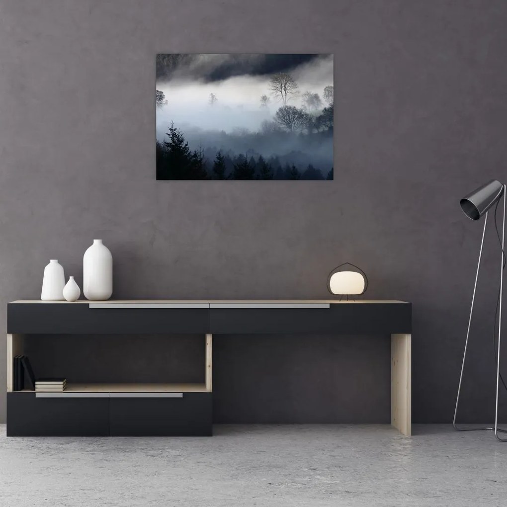 Tablou pe sticlă cu ceță deasupra pădurii (70x50 cm)