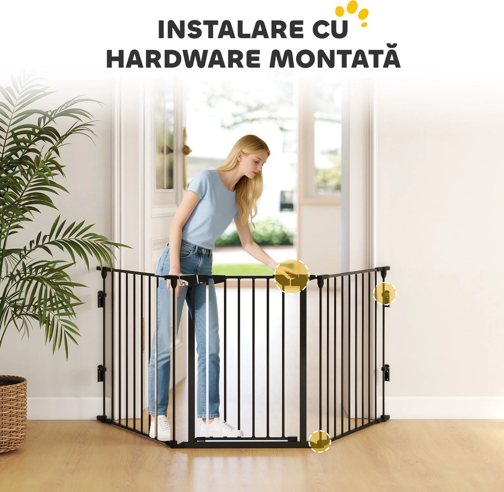 PawHut Poartă pentru Câini de Talie Mică și Medie, Țarc Pliabil cu Structură Modulară cu 5 Panouri, 300x3x74.5 cm, Negru | Aosom Romania
