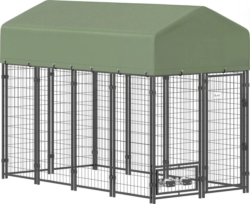 PawHut Țarc pentru Câini de Exterior din Oțel cu Acoperiș din Material Oxford, Anti-UV, Impermeabil, 2 Boluri, Verde | Aosom Romania