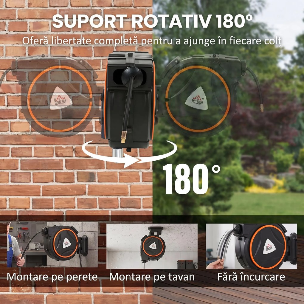HOMCOM Tambur Automat Retractabil pentru Furtun 20 m, Montare pe Perete, Pivotant 180°, Negru și Portocaliu | Aosom Romania