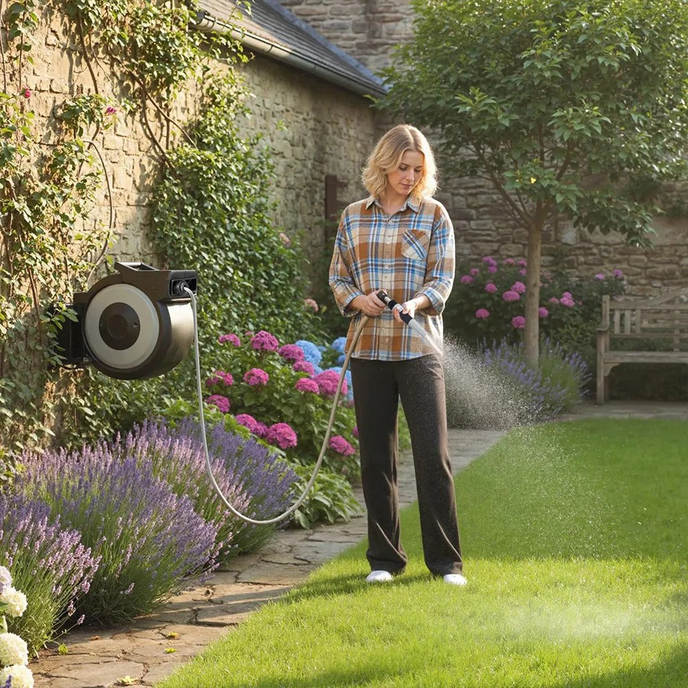 Furtun de grădină montat pe perete, retractabil